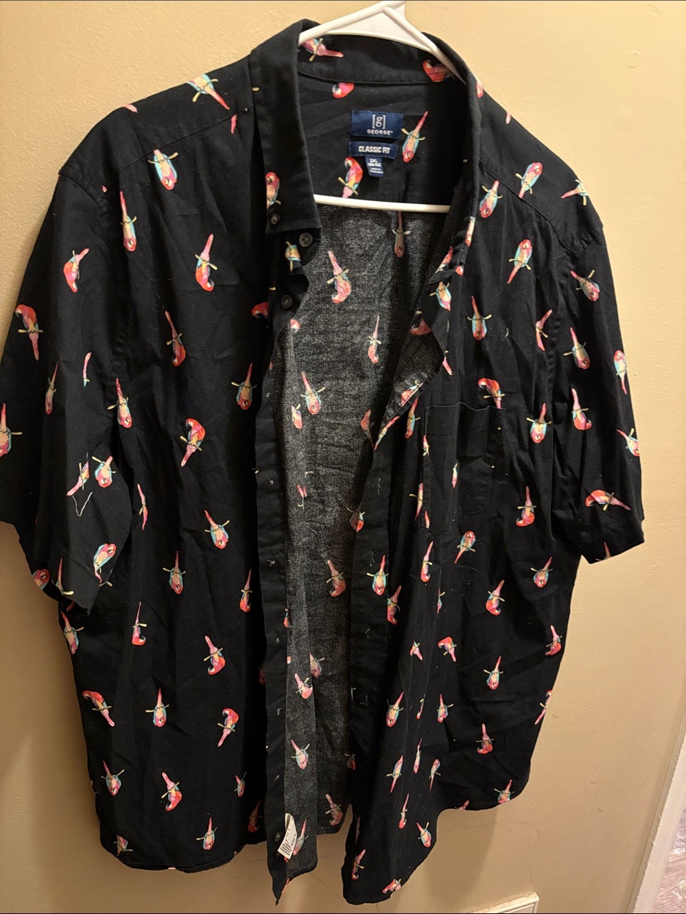 George Black Short-Sleeve Shirt Jacket with Pink Parrot Print